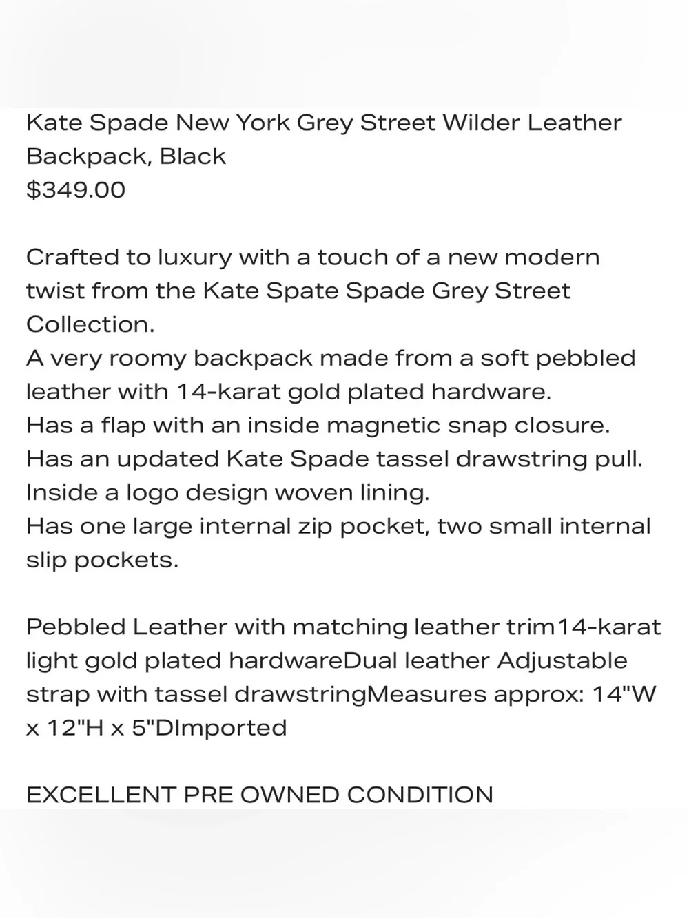kate spade Black Pebbled Leather Drawstring Backpack Purse